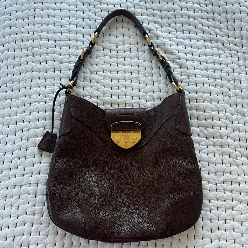Prada Women’s Vitello Dino Hobo Brown Shoulder Bag